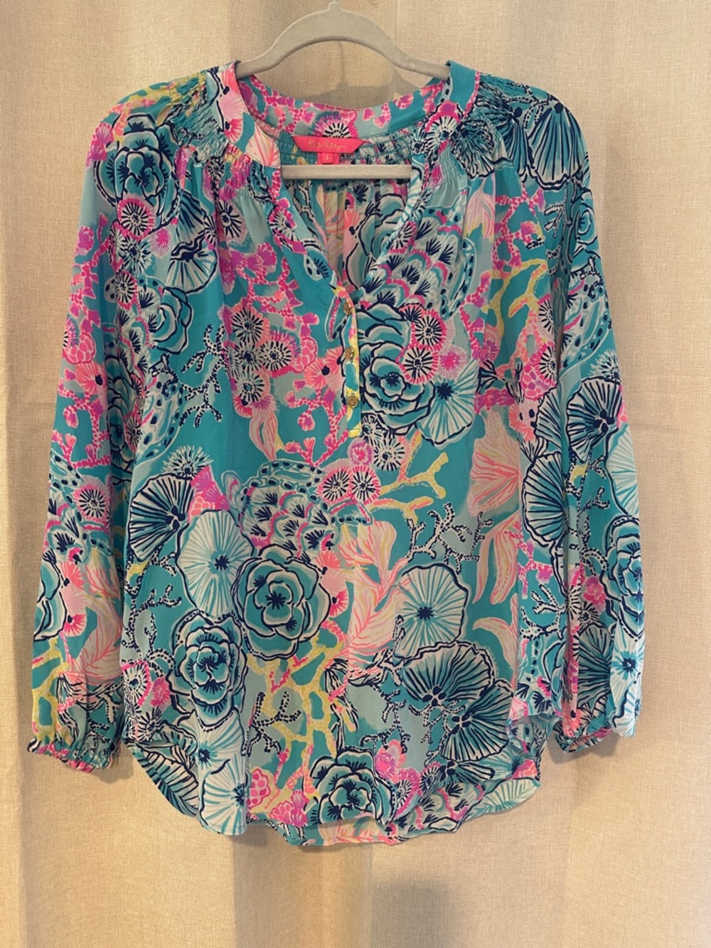 Lilly Pulitzer Teal Floral Split-Neck Blouse with Pink Accents